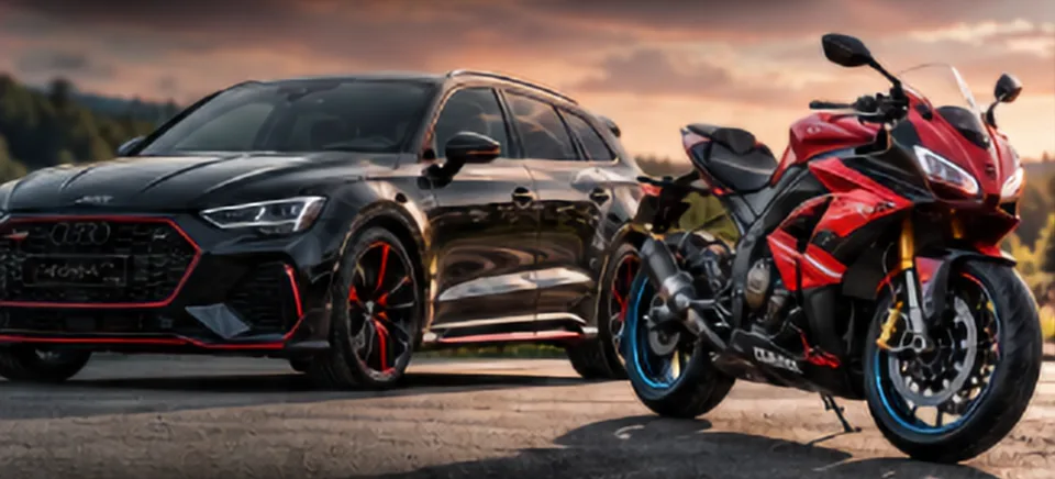 Černé auto a&nbsp;červená sportovní motorka